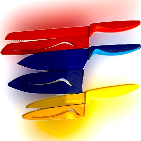 VTG RARE KUHN RIKON SET OF 3 NONSTICK BLADE KNIVES RED BLUE YELLOW 10” 11” 12” - Picture 5 of 10